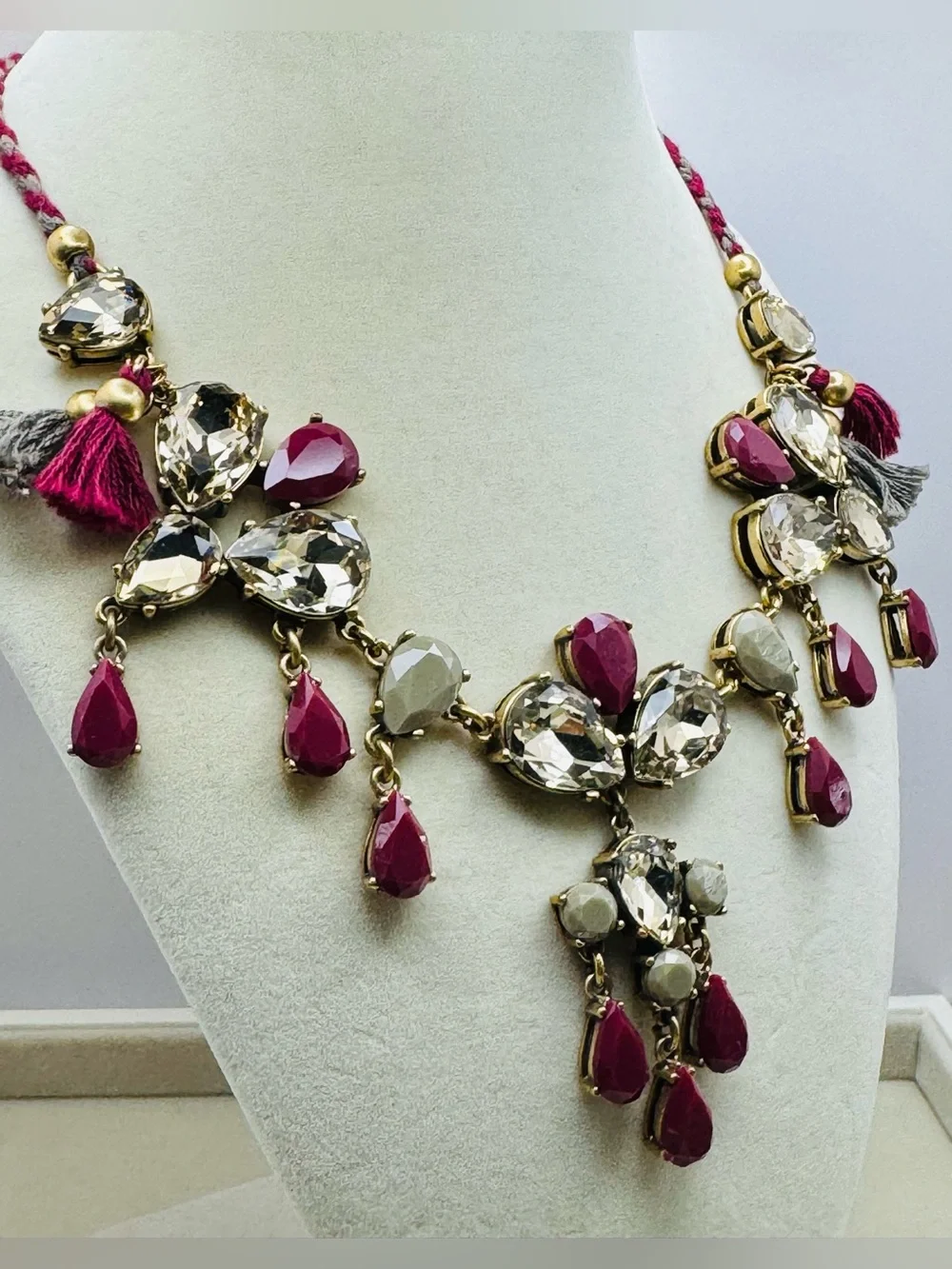 J. Crew Plum and Champagne Crystal Statement Necklace with Tassels